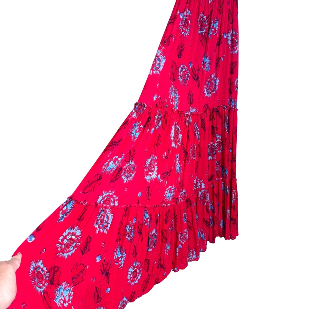 Free People Garden Party Tiered Smocked Maxi Dress Size S Red Boho Floral Flowy - Picture 5 of 10